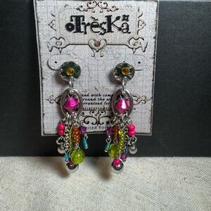 Treska Vibrant Dangle Earrings with Pink and Green Accents